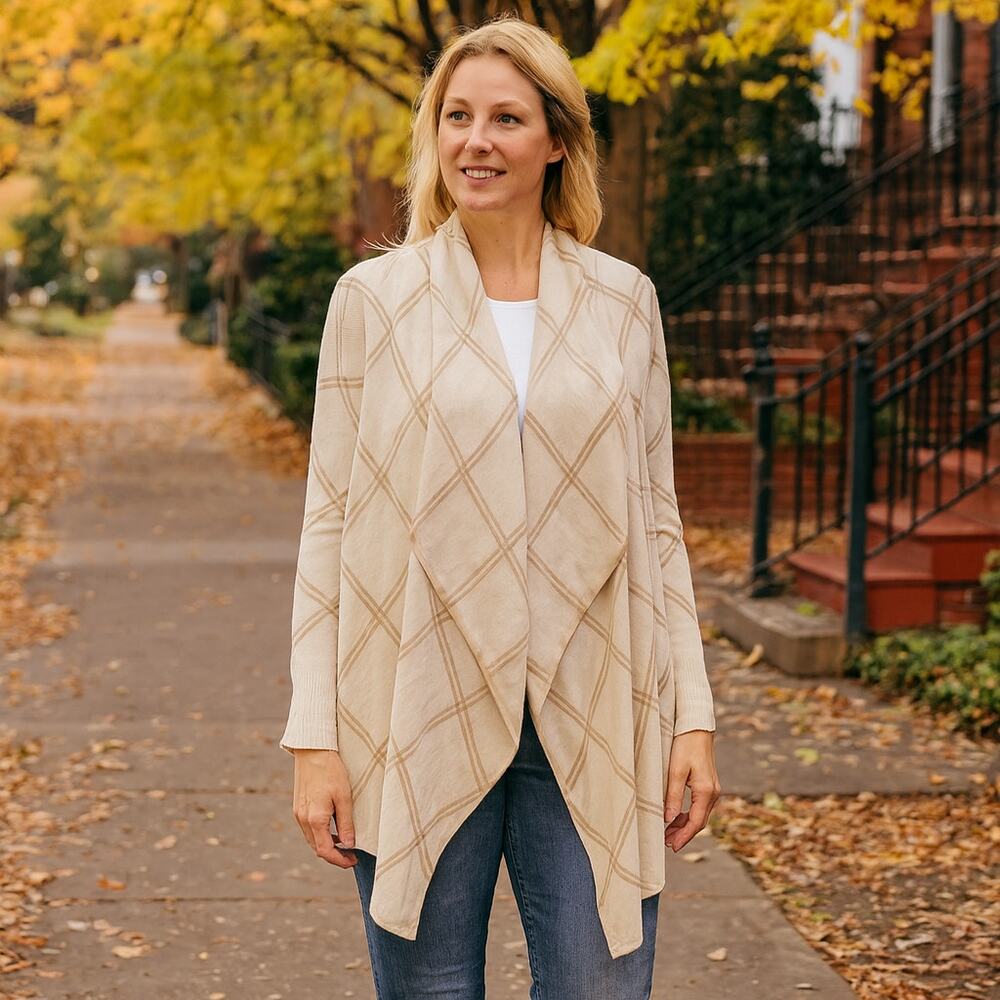 H by‎ Halston Cream Windowpane Plaid waterfall front cardigan